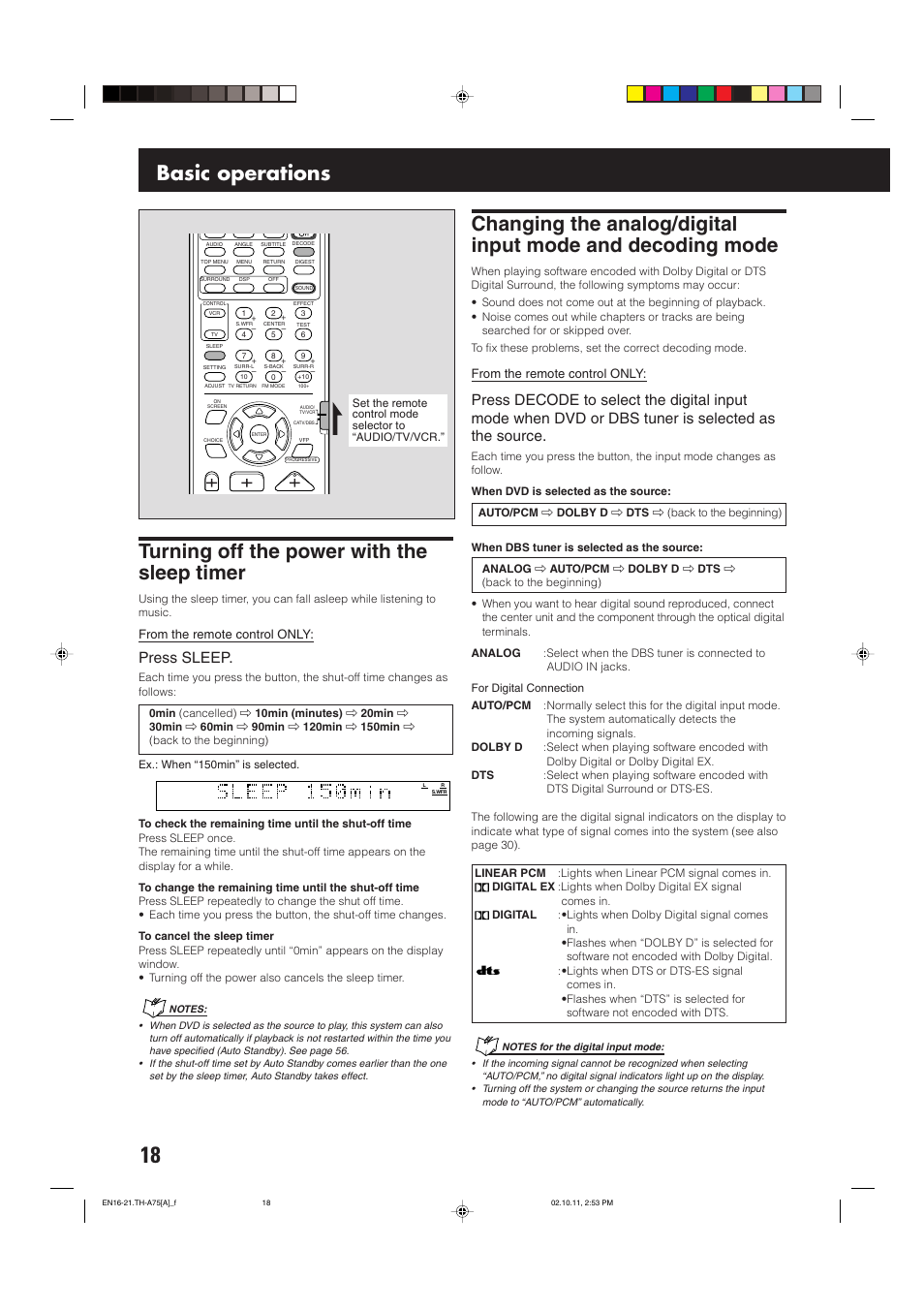 Turning off the power with the sleep timer, Basic operations, Press sleep | JVC TH-A75 User Manual | Page 22 / 76