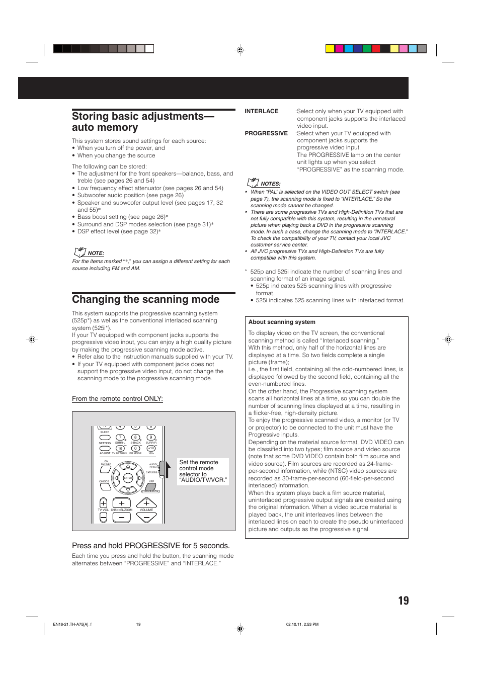 Changing the scanning mode, Press and hold progressive for 5 seconds | JVC TH-A75 User Manual | Page 23 / 76