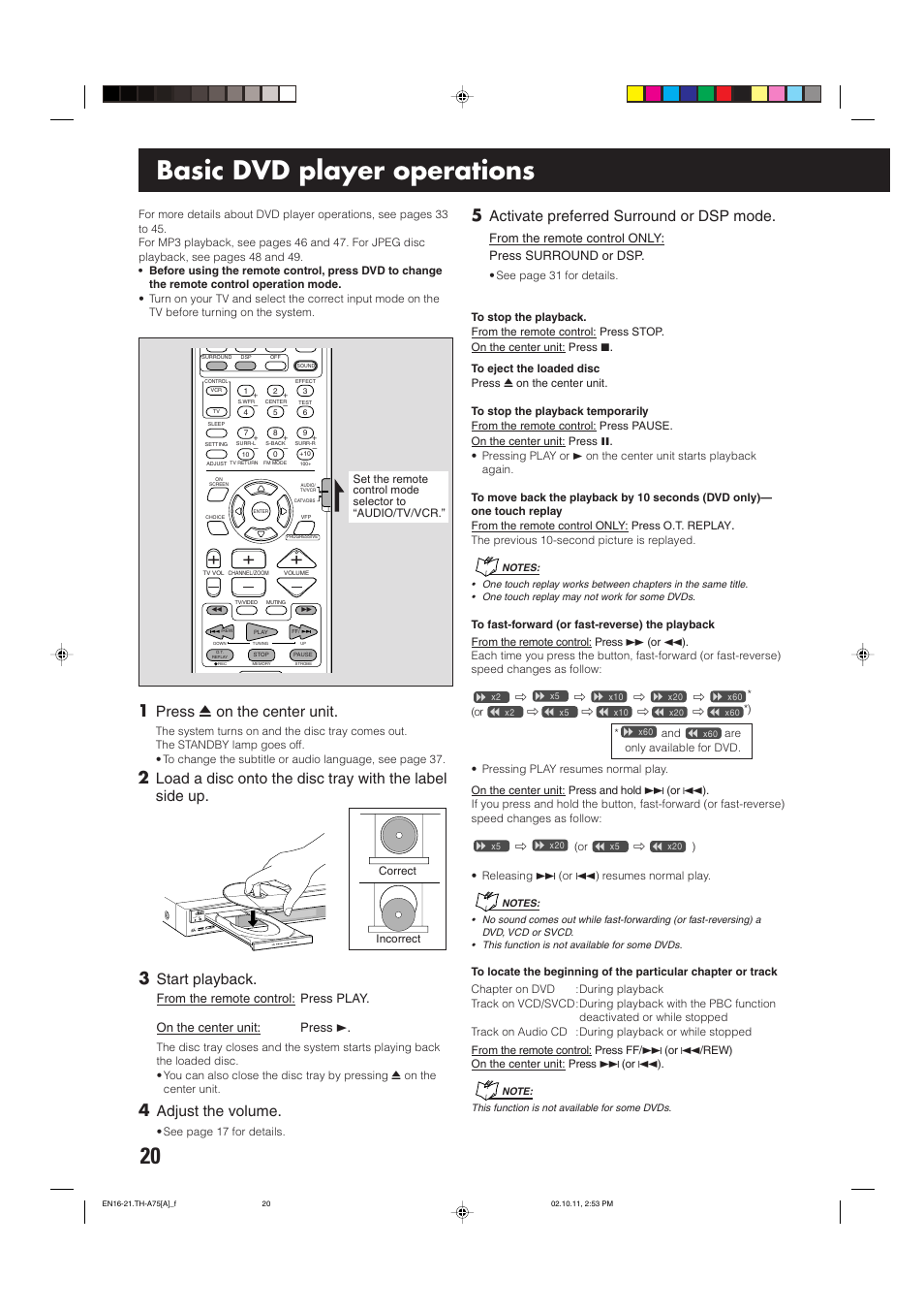 Basic dvd player operations, Press 0 on the center unit, Start playback | Adjust the volume, Activate preferred surround or dsp mode | JVC TH-A75 User Manual | Page 24 / 76