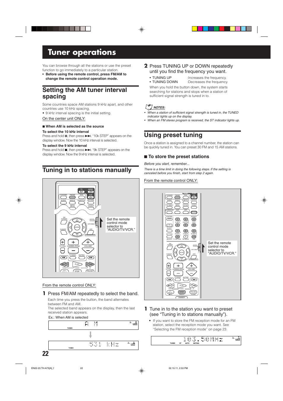 Tuner operations, Setting the am tuner interval spacing, Tuning in to stations manually | Using preset tuning, Press fm/am repeatedly to select the band, 7 to store the preset stations, On the center unit only, Before you start, remember | JVC TH-A75 User Manual | Page 26 / 76