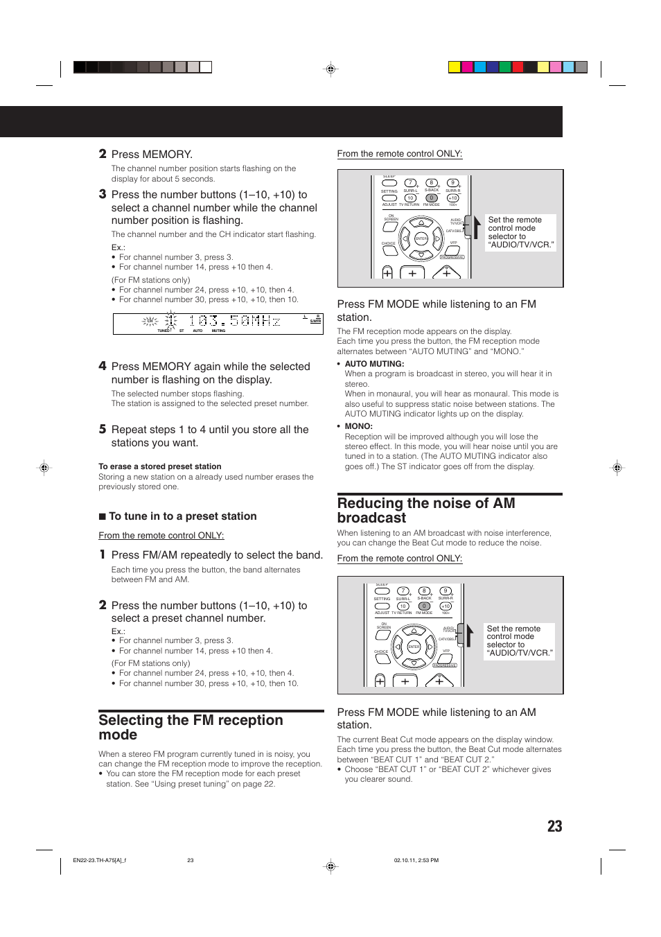 Selecting the fm reception mode, Reducing the noise of am broadcast, 7 to tune in to a preset station | Press fm/am repeatedly to select the band, Press fm mode while listening to an fm station, Press fm mode while listening to an am station | JVC TH-A75 User Manual | Page 27 / 76