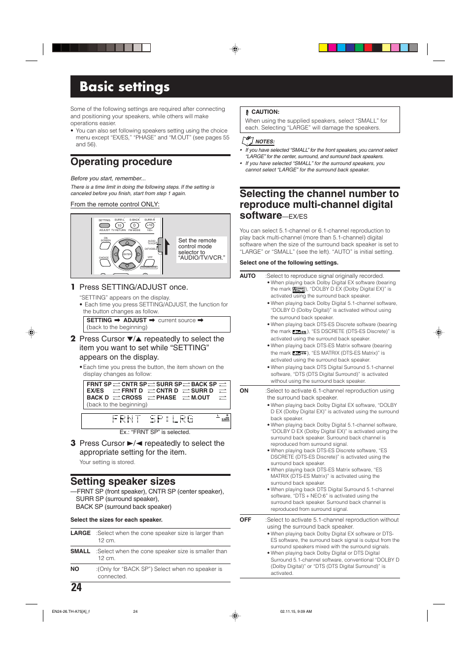 Basic settings, Operating procedure, Setting speaker sizes | 1 press setting/adjust once | JVC TH-A75 User Manual | Page 28 / 76