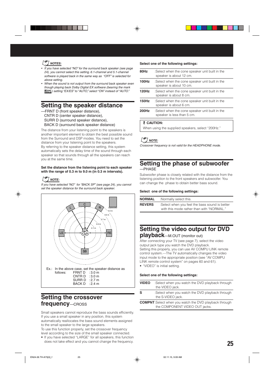 Setting the speaker distance, Setting the crossover frequency, Setting the phase of subwoofer | Setting the video output for dvd playback | JVC TH-A75 User Manual | Page 29 / 76