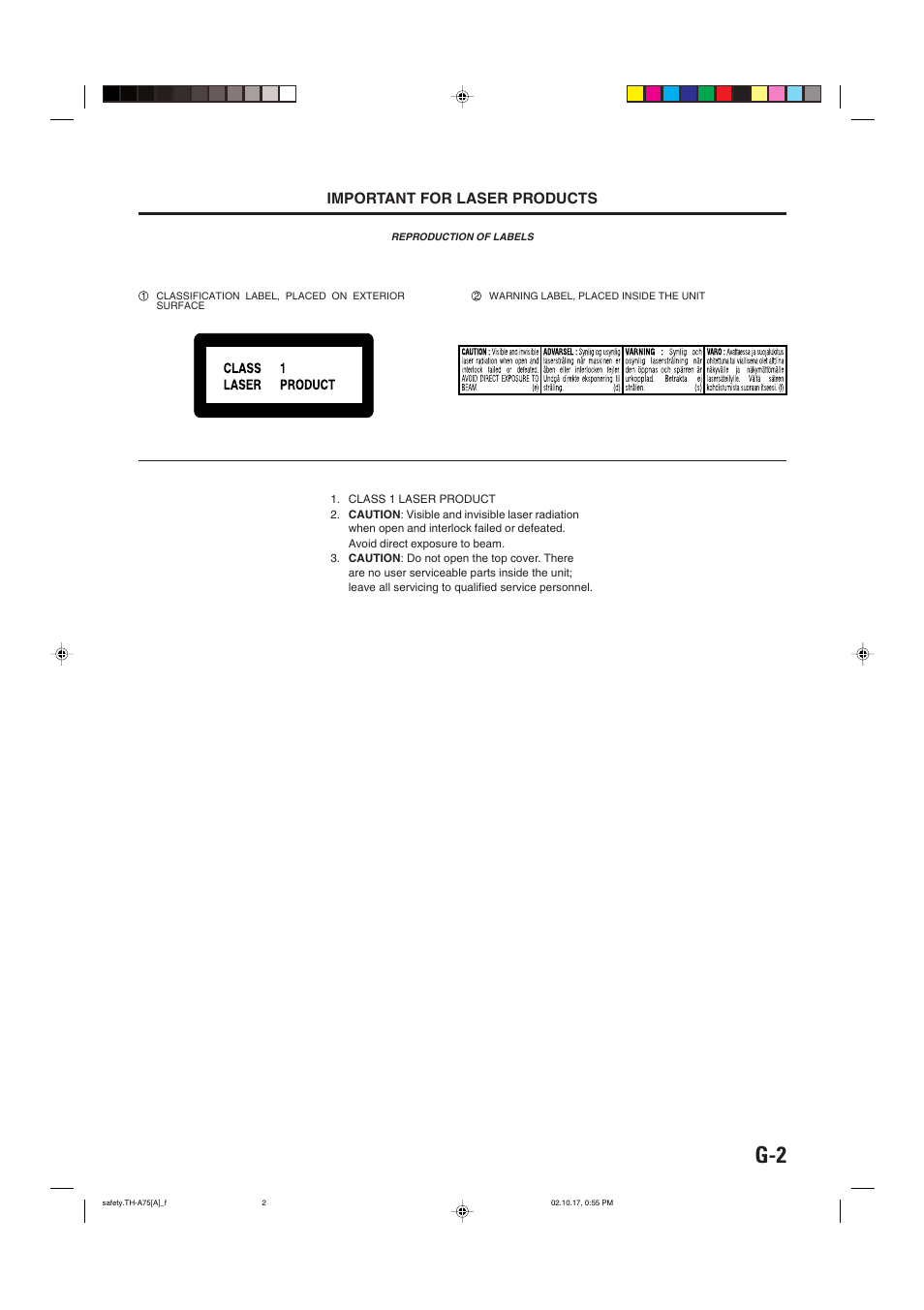 Important for laser products | JVC TH-A75 User Manual | Page 3 / 76