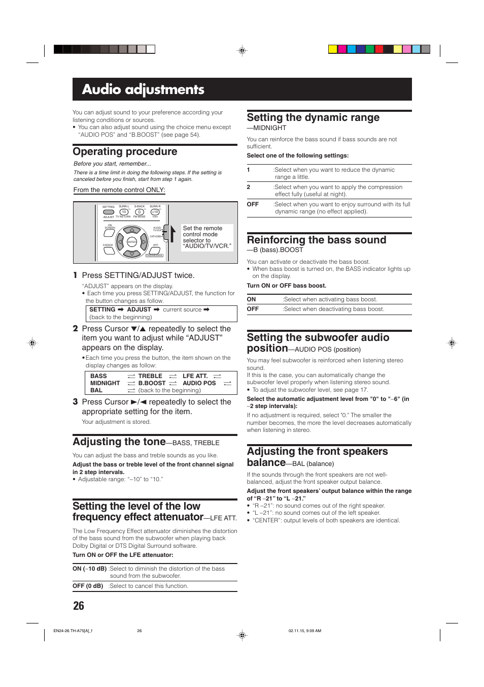 Audio adjustments, Operating procedure setting the dynamic range, Reinforcing the bass sound | Setting the subwoofer audio position, Adjusting the front speakers balance, Adjusting the tone, 1 press setting/adjust twice | JVC TH-A75 User Manual | Page 30 / 76