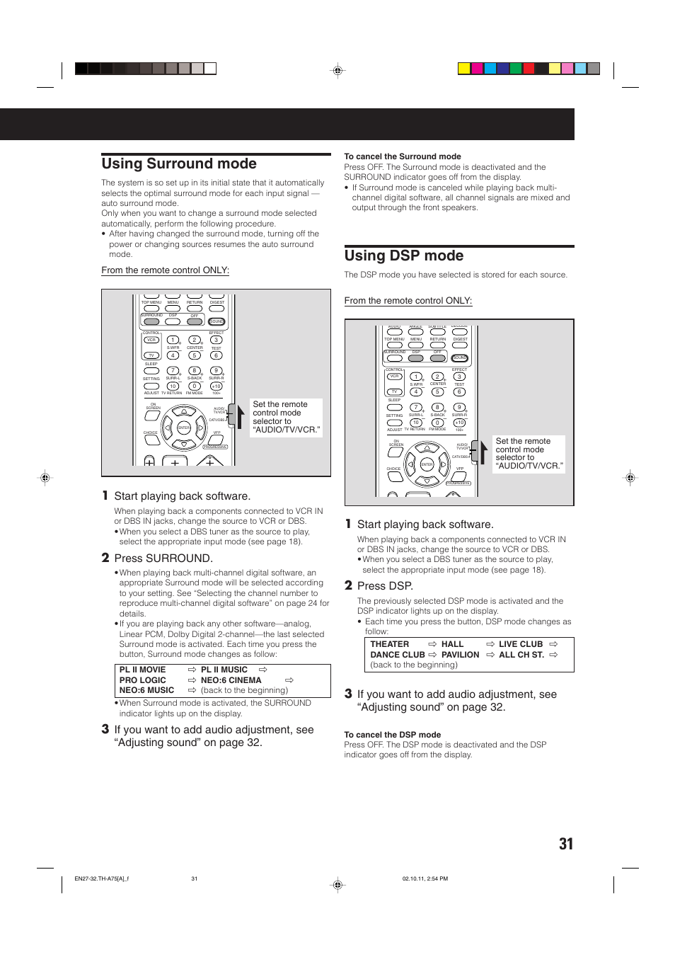 Using surround mode, Using dsp mode, Start playing back software | Press surround, Press dsp | JVC TH-A75 User Manual | Page 35 / 76