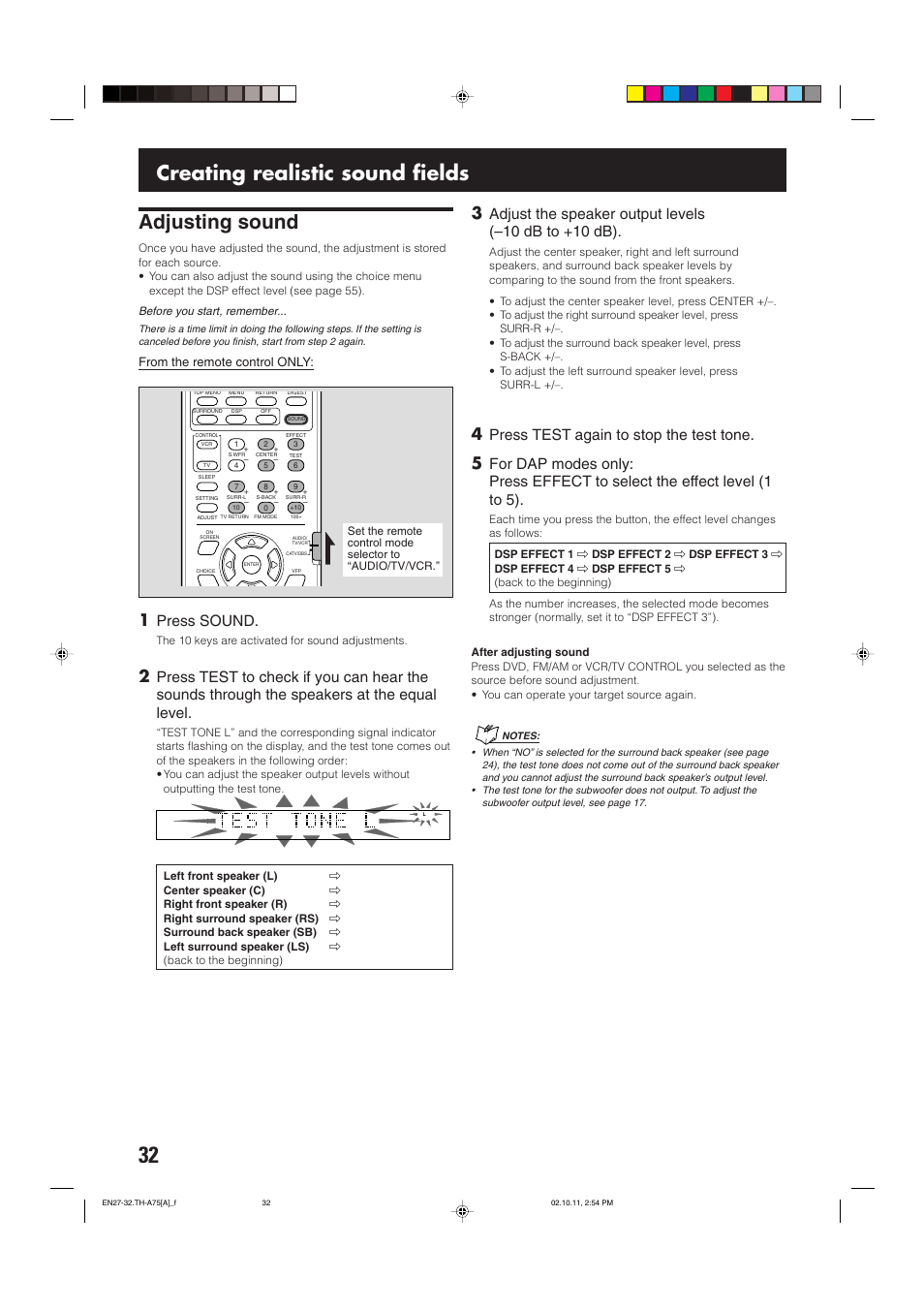 Adjusting sound, Creating realistic sound fields, Press sound | Press test again to stop the test tone | JVC TH-A75 User Manual | Page 36 / 76