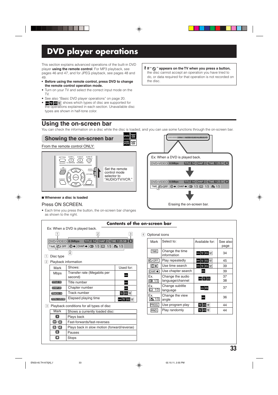 Dvd player operations, Using the on-screen bar, Showing the on-screen bar | Press on screen, Contents of the on-screen bar | JVC TH-A75 User Manual | Page 37 / 76