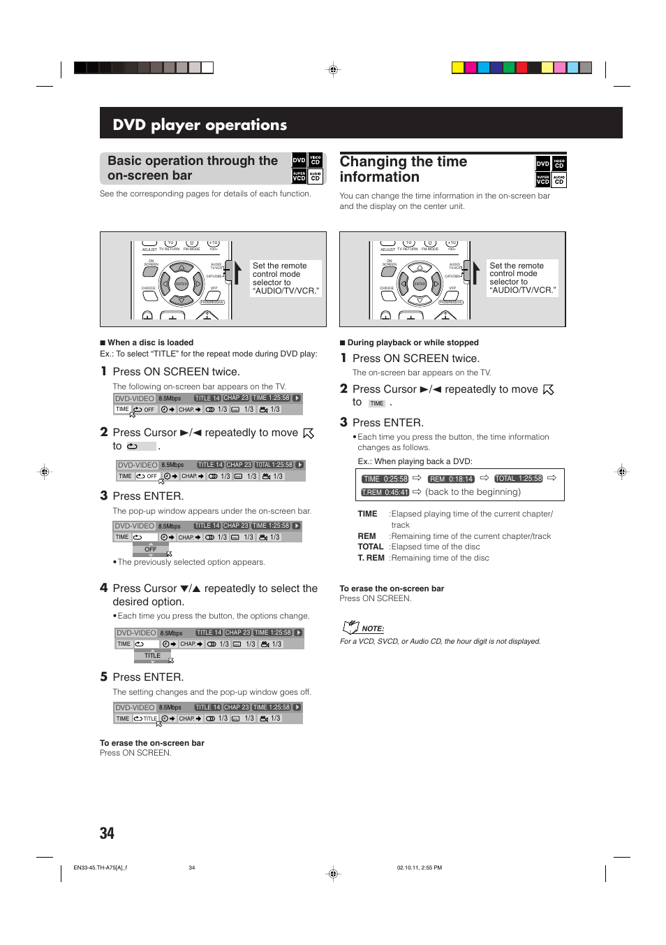 Changing the time information, Dvd player operations, Basic operation through the on-screen bar | Press on screen twice, Press cursor 3/2 repeatedly to move to, Press enter | JVC TH-A75 User Manual | Page 38 / 76