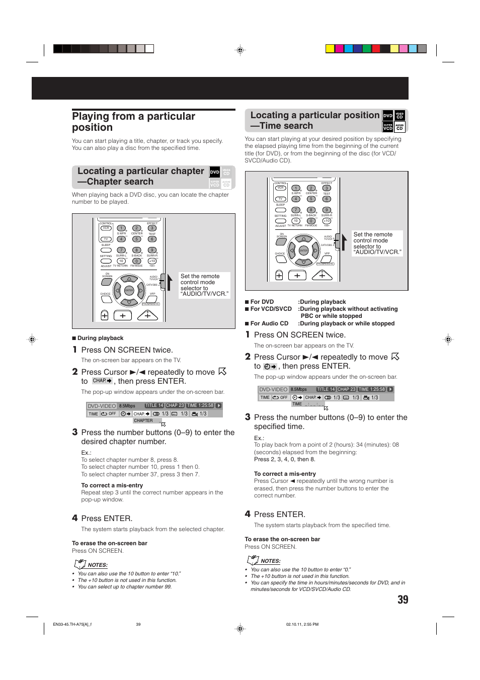 Playing from a particular position, Locating a particular chapter —chapter search, Locating a particular position —time search | Press on screen twice, Press cursor 3/2 repeatedly to move to, Then press enter, Press enter | JVC TH-A75 User Manual | Page 43 / 76