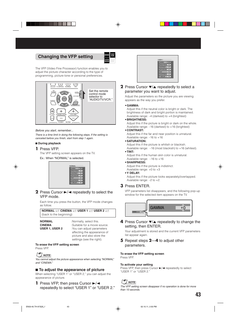 Changing the vfp setting, 0 gamma, Press vfp | Press cursor 3/2 repeatedly to select the vfp mode, 7 to adjust the appearance of picture, Press enter, Repeat steps 2 — 4 to adjust other parameters | JVC TH-A75 User Manual | Page 47 / 76