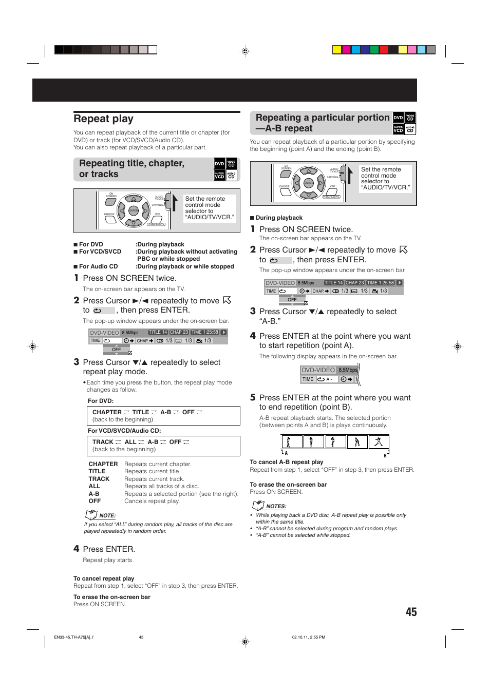 Repeat play, Repeating title, chapter, or tracks, Repeating a particular portion —a-b repeat | Press on screen twice, Press enter, Press cursor ∞/5 repeatedly to select “a-b | JVC TH-A75 User Manual | Page 49 / 76