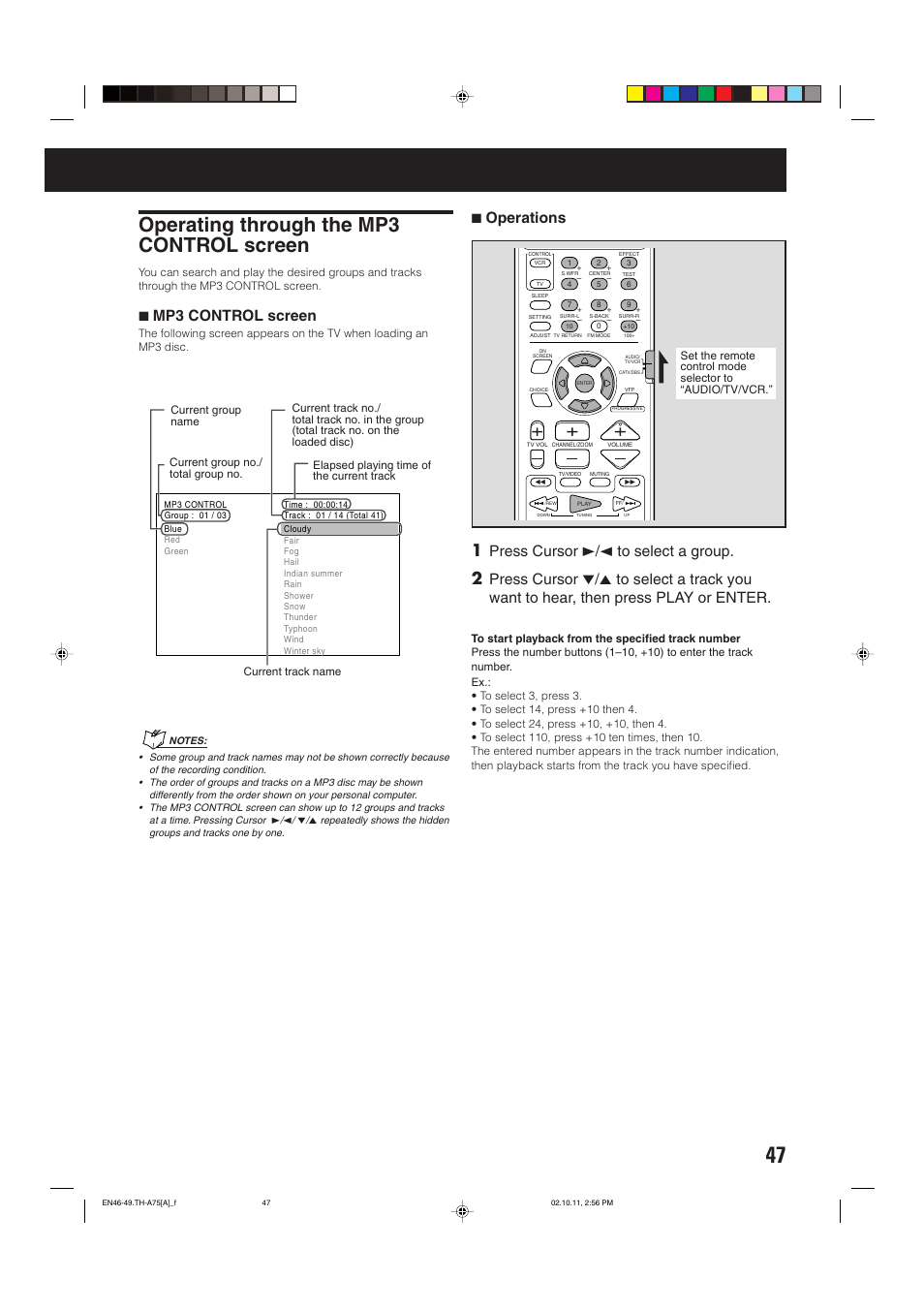 Operating through the mp3 control screen, 7 operations, Press cursor 3/2 to select a group | 7 mp3 control screen | JVC TH-A75 User Manual | Page 51 / 76