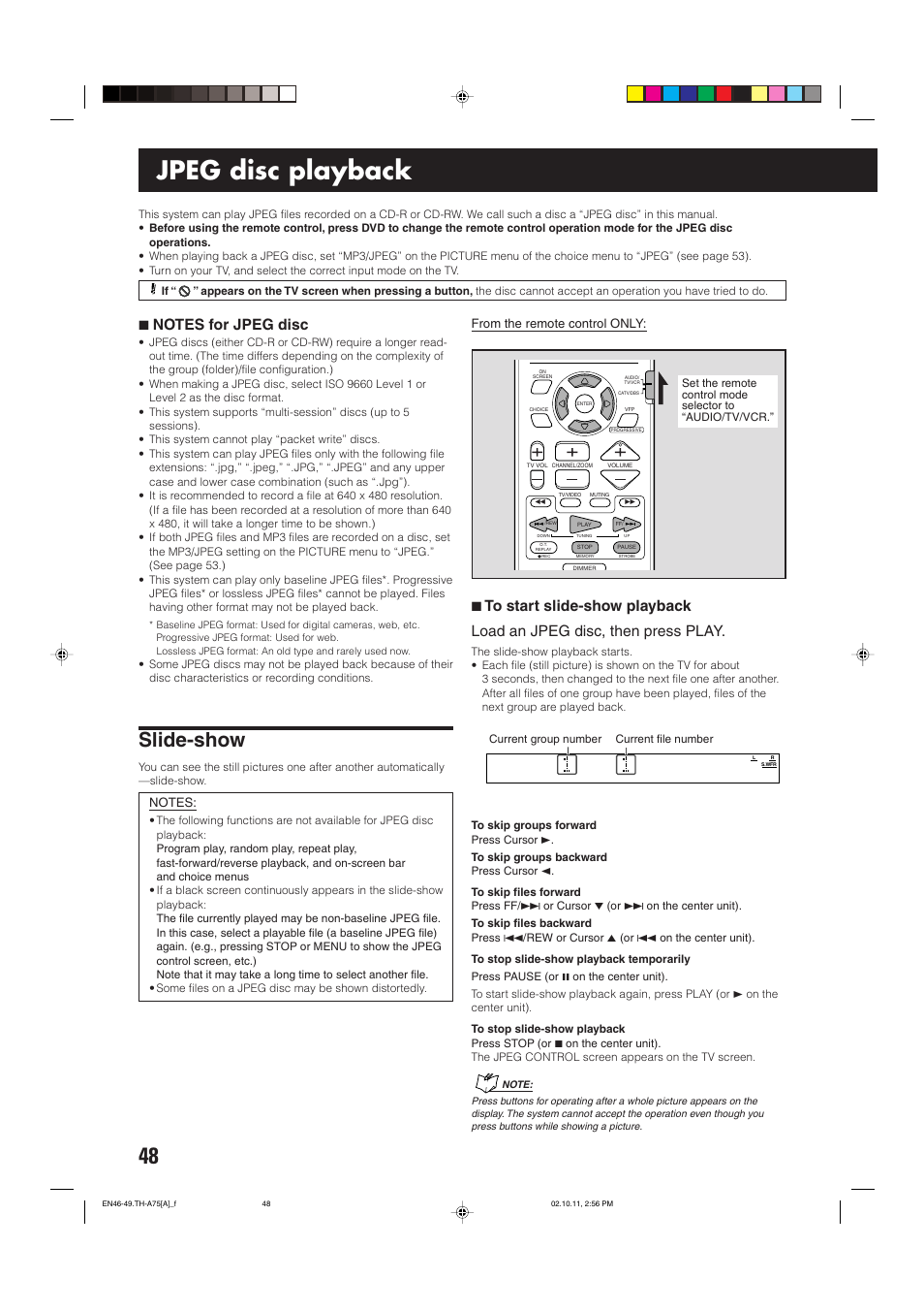 Jpeg disc playback, Slide-show | JVC TH-A75 User Manual | Page 52 / 76