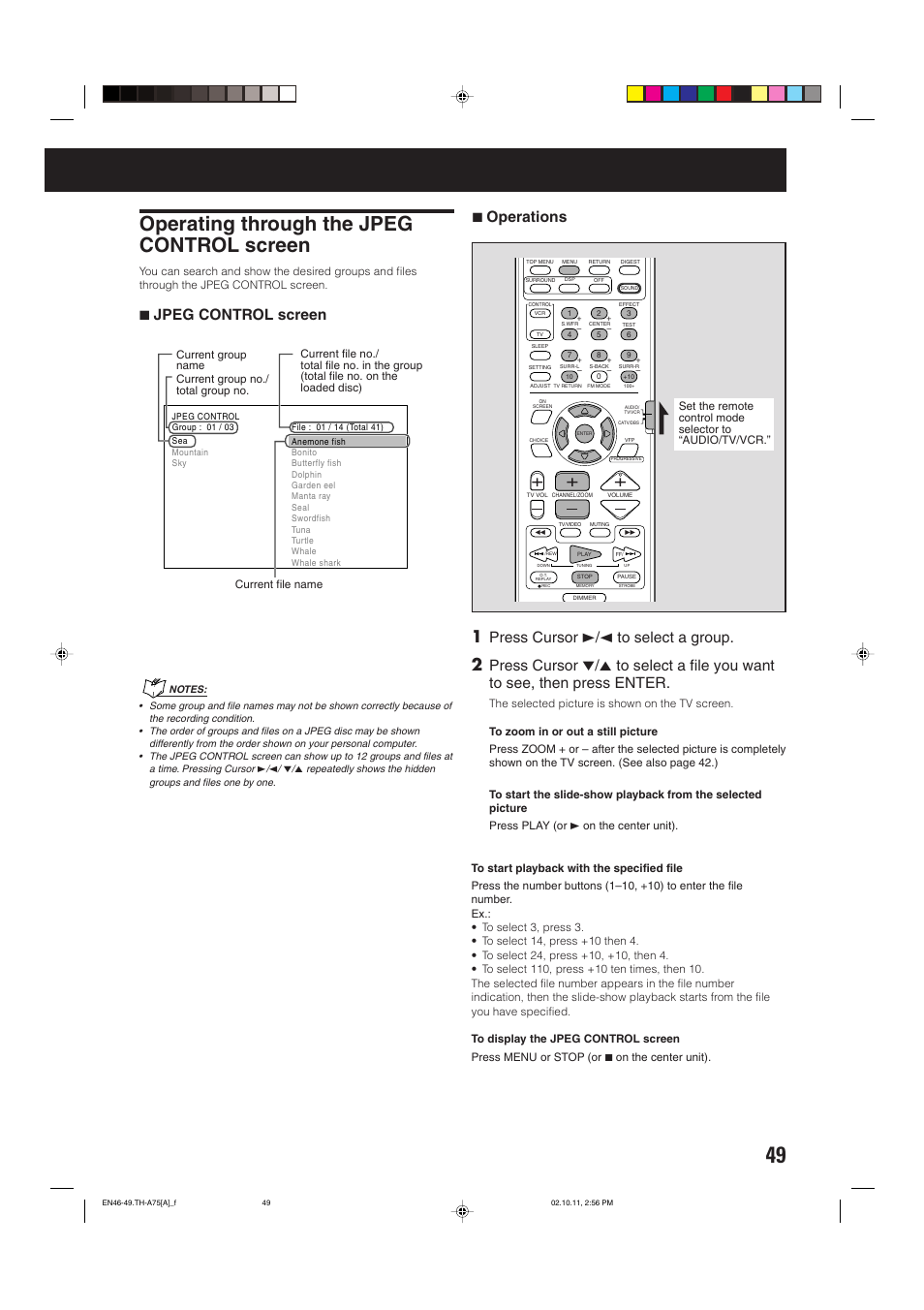 Operating through the jpeg control screen, 7 jpeg control screen, 7 operations | Press cursor 3/2 to select a group | JVC TH-A75 User Manual | Page 53 / 76