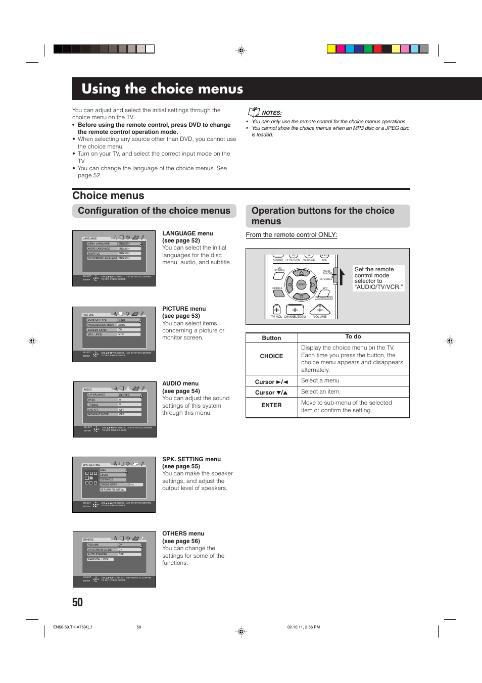 Using the choice menus, Choice menus, Configuration of the choice menus | Operation buttons for the choice menus | JVC TH-A75 User Manual | Page 54 / 76