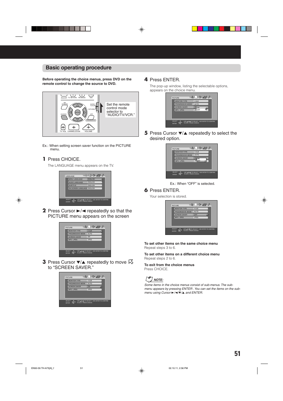 Basic operating procedure, Press choice, Press enter | The language menu appears on the tv, Ex.: when “off” is selected | JVC TH-A75 User Manual | Page 55 / 76