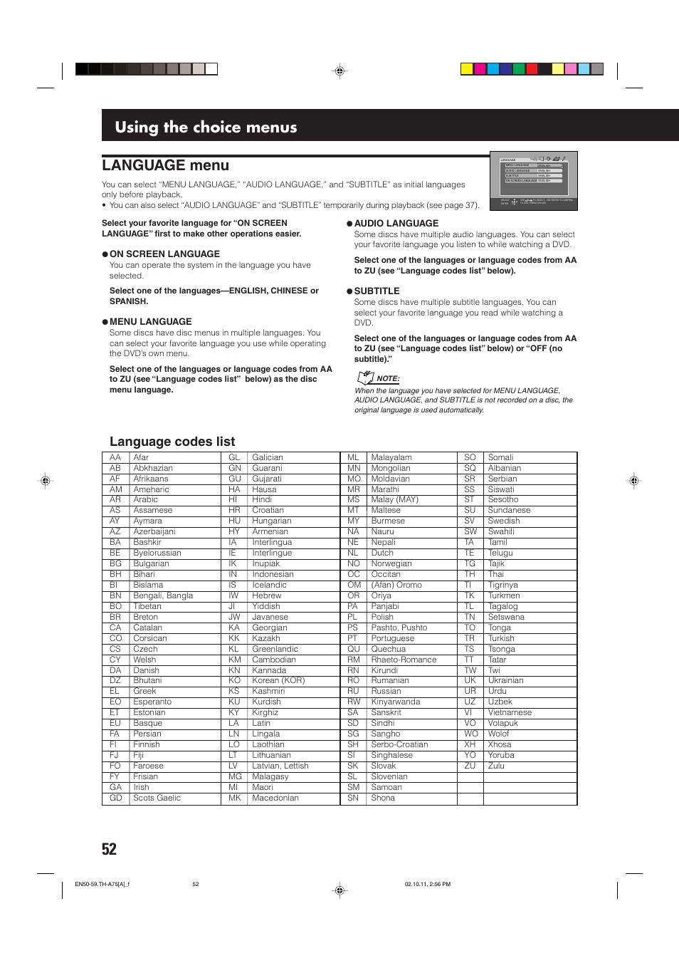 Language menu, Using the choice menus, Language codes list | JVC TH-A75 User Manual | Page 56 / 76