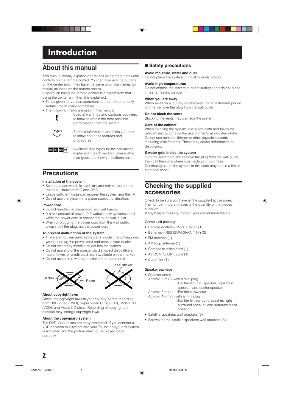 Introduction, About this manual, Precautions | Checking the supplied accessories | JVC TH-A75 User Manual | Page 6 / 76