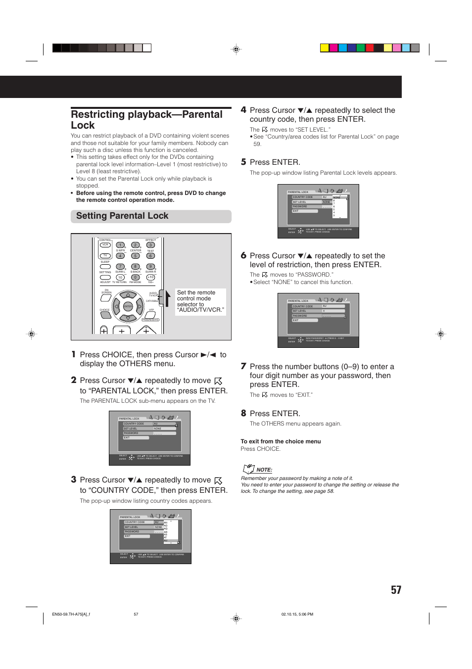 Restricting playback—parental lock, Setting parental lock, Press enter | JVC TH-A75 User Manual | Page 61 / 76