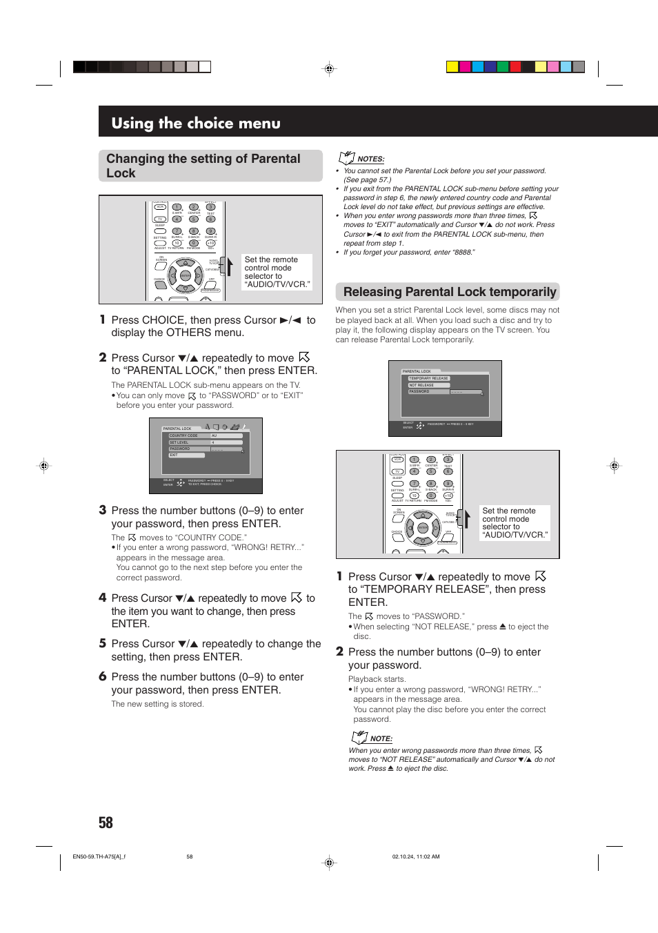 Using the choice menu, Changing the setting of parental lock, Releasing parental lock temporarily | JVC TH-A75 User Manual | Page 62 / 76