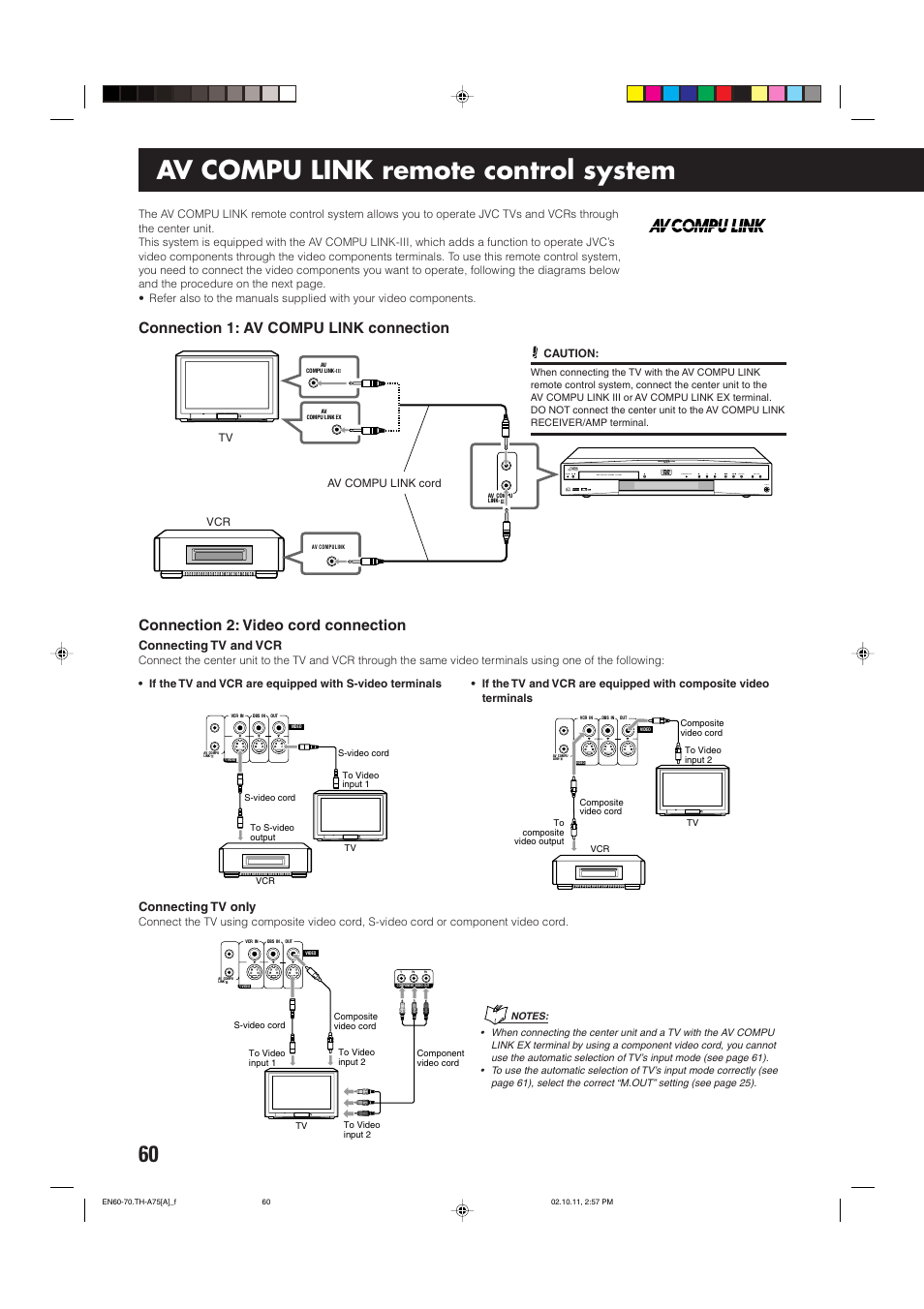 Av compu link remote control system, Connection 1: av compu link connection, Connection 2: video cord connection | Connecting tv and vcr, Connecting tv only | JVC TH-A75 User Manual | Page 64 / 76