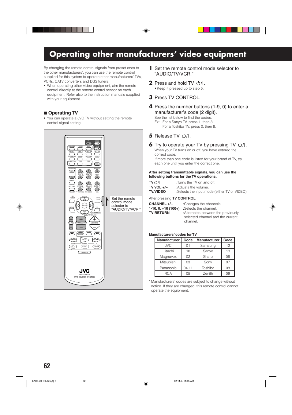 Operating other manufacturers’ video equipment, 7 operating tv, Press and hold tv | Press tv control, Release tv, Try to operate your tv by pressing tv | JVC TH-A75 User Manual | Page 66 / 76