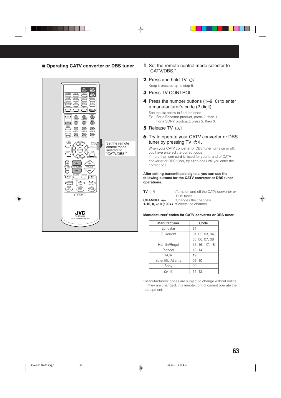 7 operating catv converter or dbs tuner, Keep it pressed up to step 5 | JVC TH-A75 User Manual | Page 67 / 76