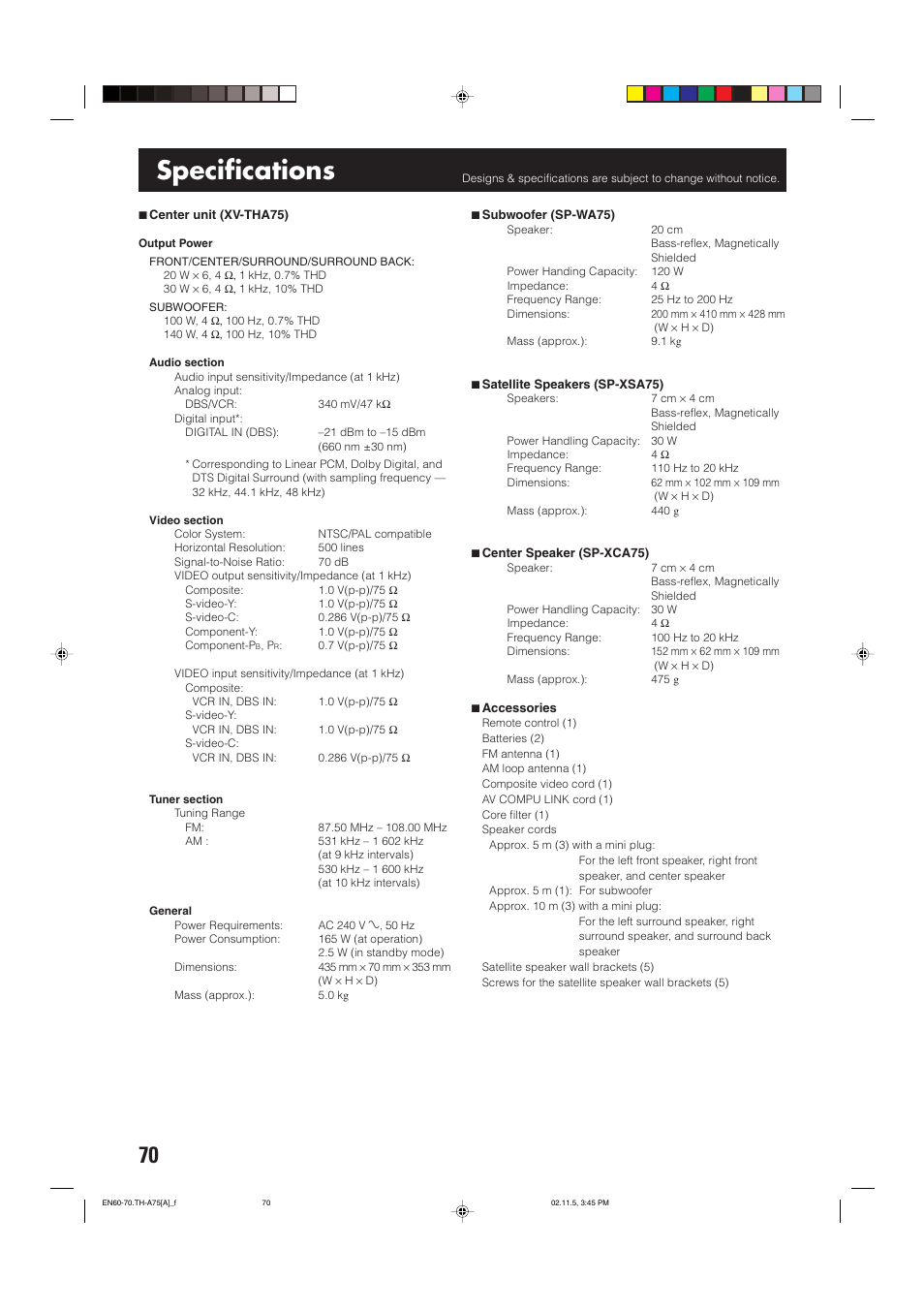 Specifications | JVC TH-A75 User Manual | Page 74 / 76