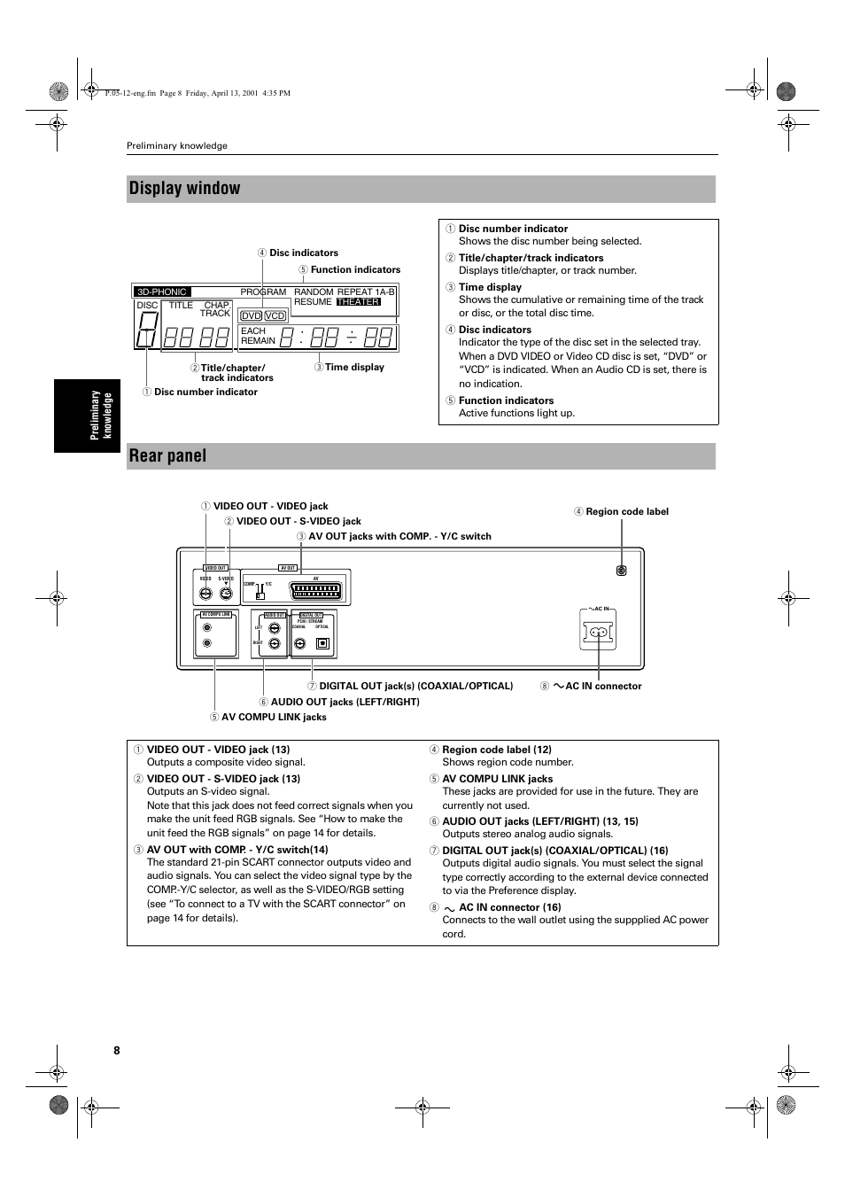 Display window, Rear panel | JVC XV-M52SL User Manual | Page 10 / 52