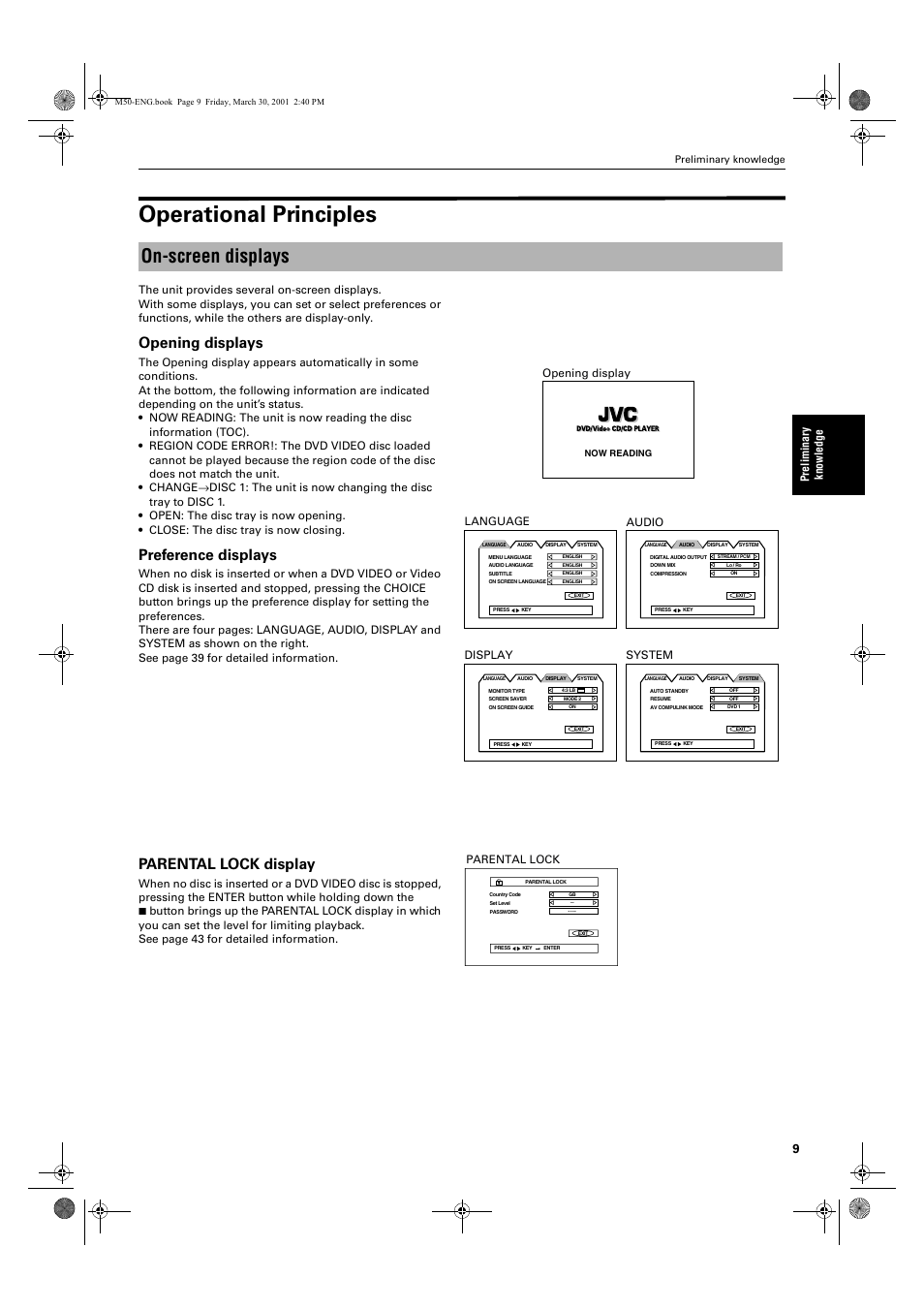 Operational principles, On-screen displays, Opening displays | Preference displays, Parental lock display, Pre lim in ar y know le dg e, System, Parental lock, Display, Audio | JVC XV-M52SL User Manual | Page 11 / 52