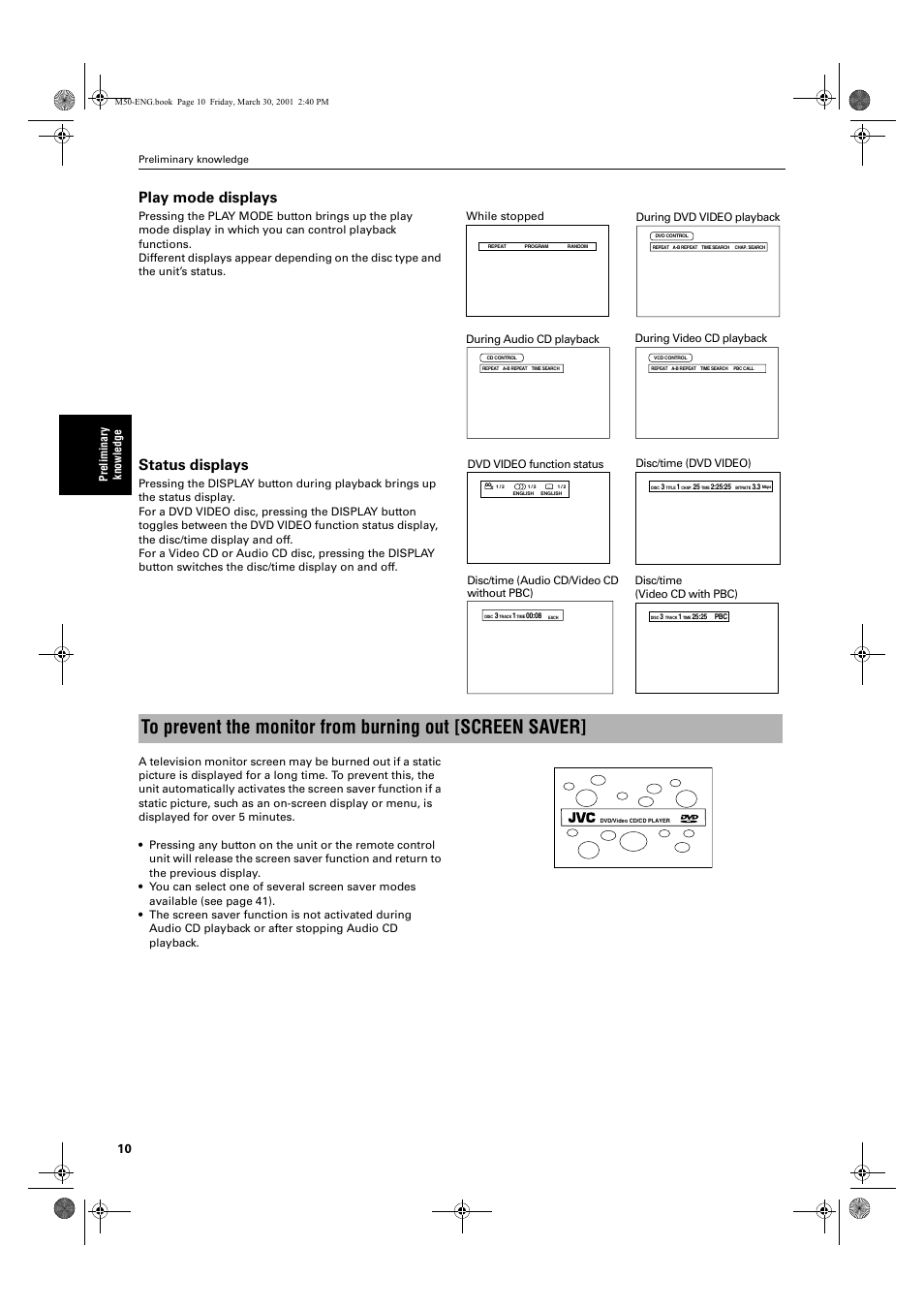 Play mode displays, Status displays | JVC XV-M52SL User Manual | Page 12 / 52