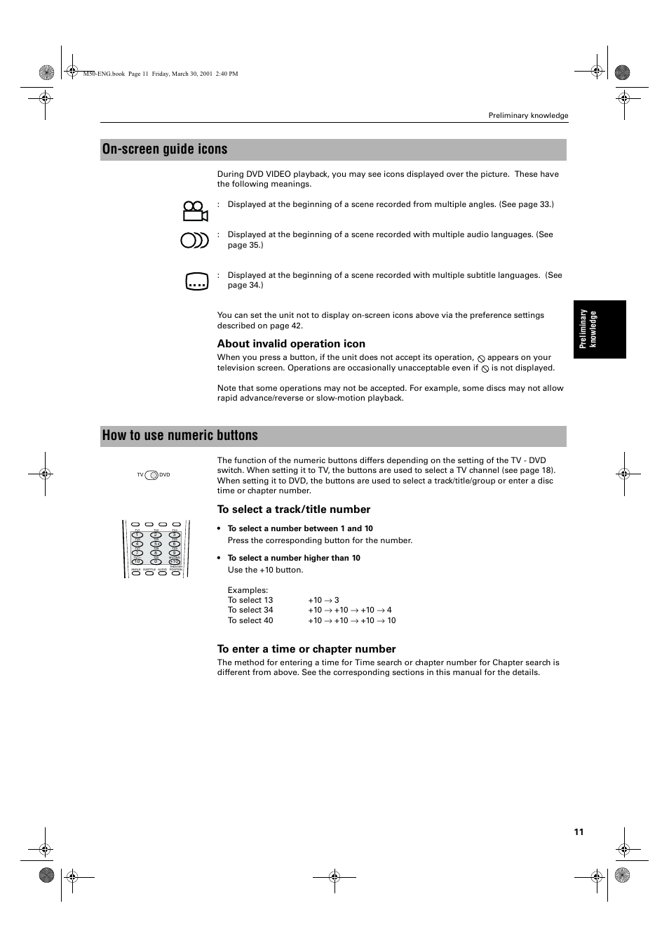 On-screen guide icons, How to use numeric buttons, About invalid operation icon | JVC XV-M52SL User Manual | Page 13 / 52