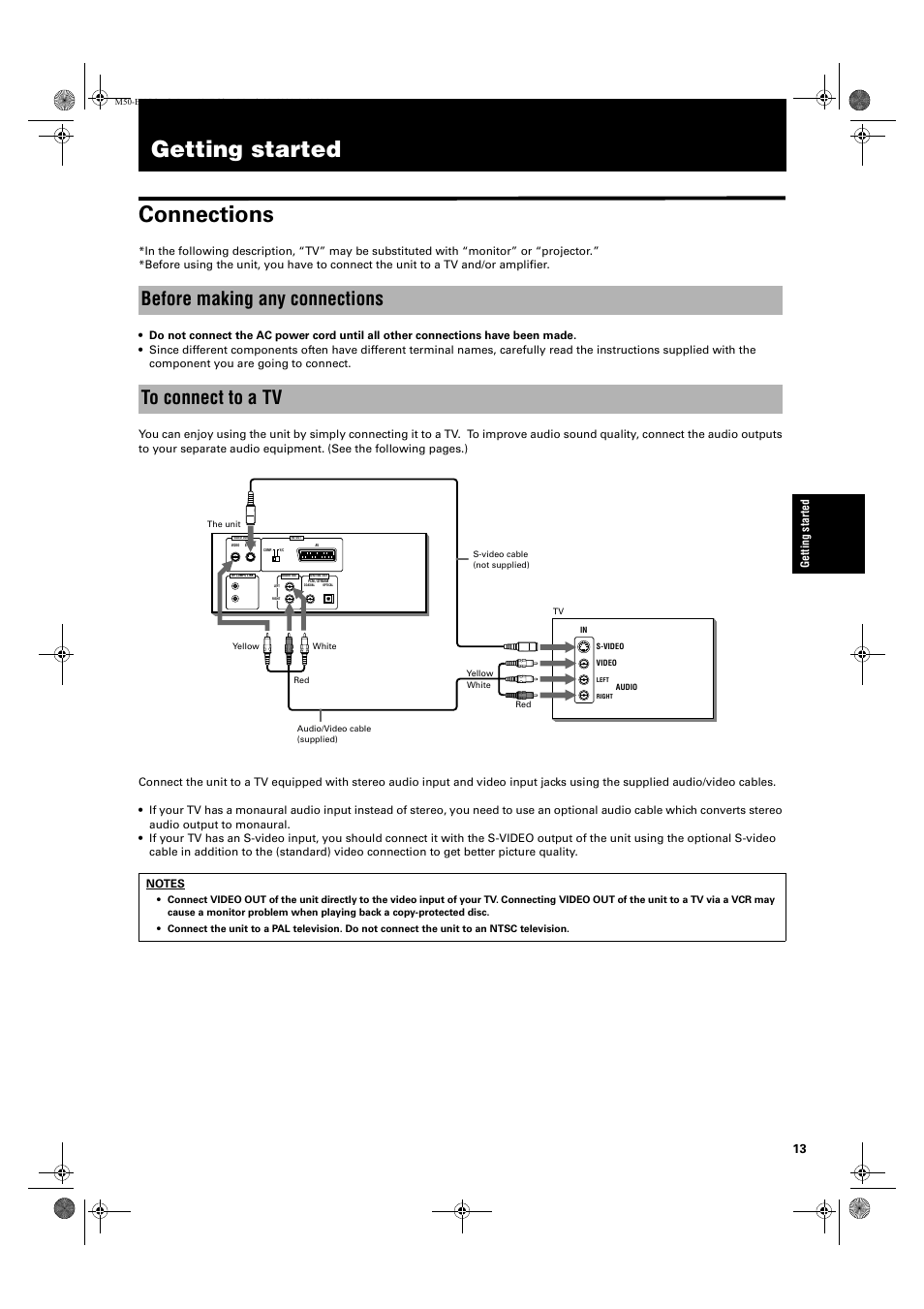 Getting started, Getting started connections, Before making any connections to connect to a tv | JVC XV-M52SL User Manual | Page 15 / 52