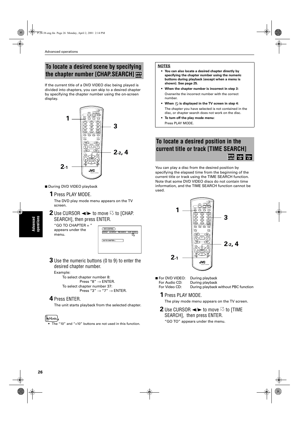 Press play mode, Press enter, The dvd play mode menu appears on the tv screen | Go to chapter = ” appears under the menu, The unit starts playback from the selected chapter, The play mode menu appears on the tv screen, Go to” appears under the menu | JVC XV-M52SL User Manual | Page 28 / 52