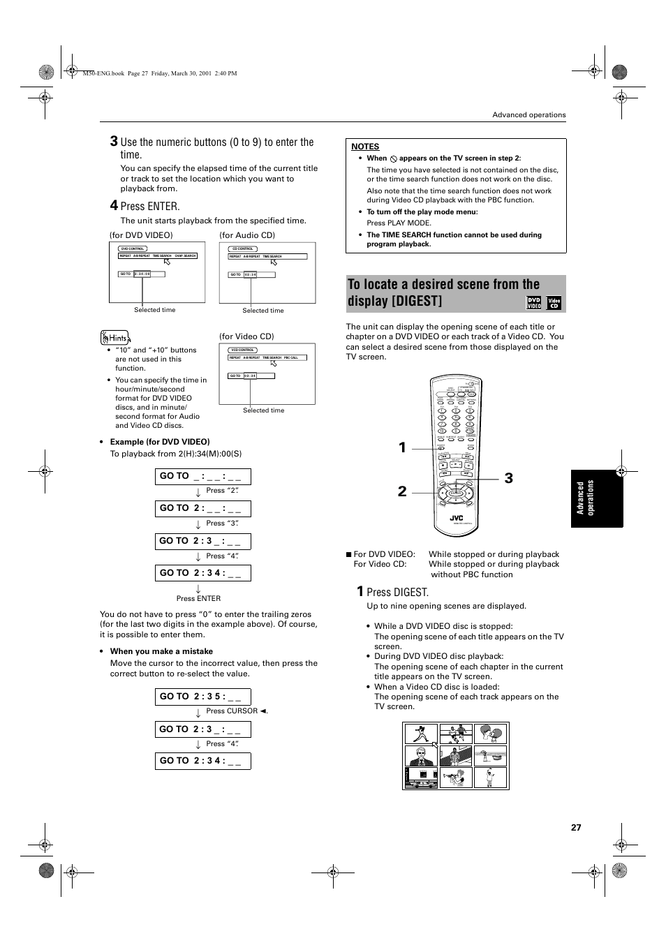 Use the numeric buttons (0 to 9) to enter the time, Press enter, Press digest | Ad va nc e d op er a tio ns, The unit starts playback from the specified time, For dvd video), For audio cd), For video cd) | JVC XV-M52SL User Manual | Page 29 / 52