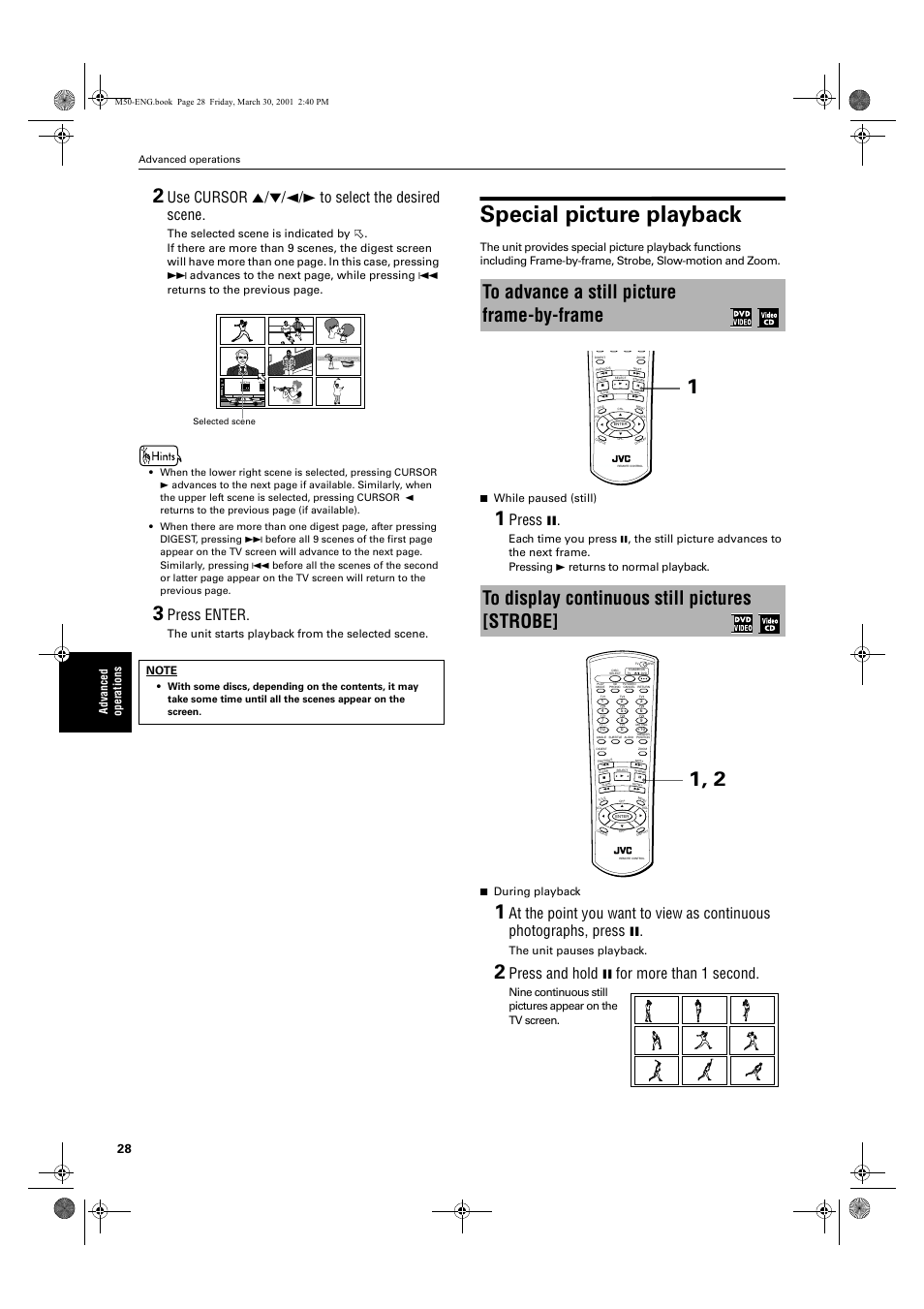 Special picture playback, Use cursor 5/∞/2/3 to select the desired scene, Press enter | Press 8, Press and hold 8 for more than 1 second, Ad va nc e d op er atio n s, The unit starts playback from the selected scene, The unit pauses playback, Advanced operations | JVC XV-M52SL User Manual | Page 30 / 52