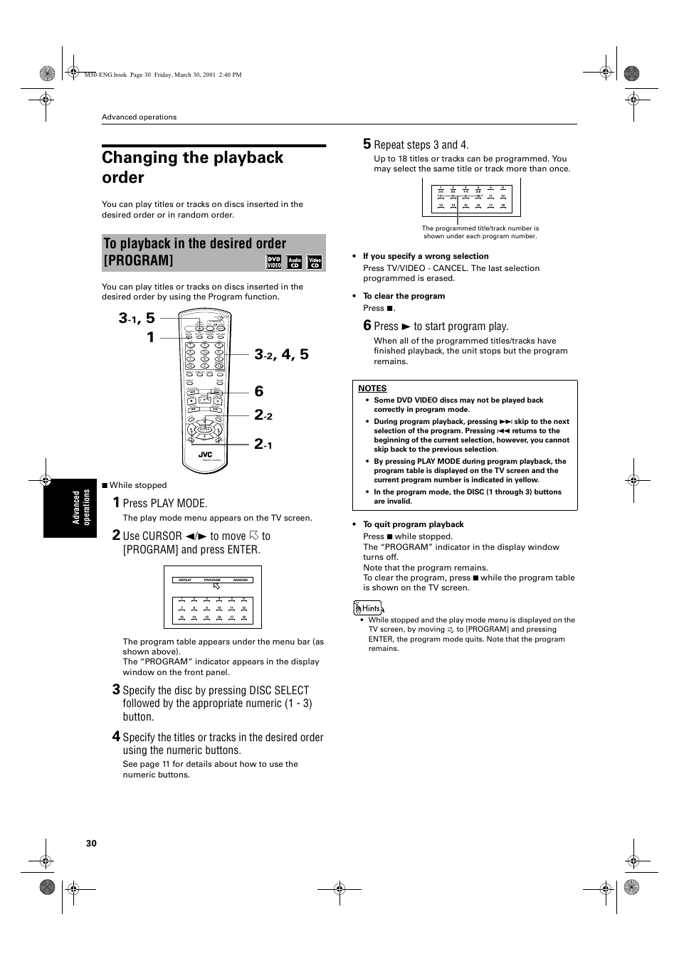 Changing the playback order, Press play mode, Repeat steps 3 and 4 | Press 3 to start program play, Ad va nc e d op er atio n s, The play mode menu appears on the tv screen | JVC XV-M52SL User Manual | Page 32 / 52