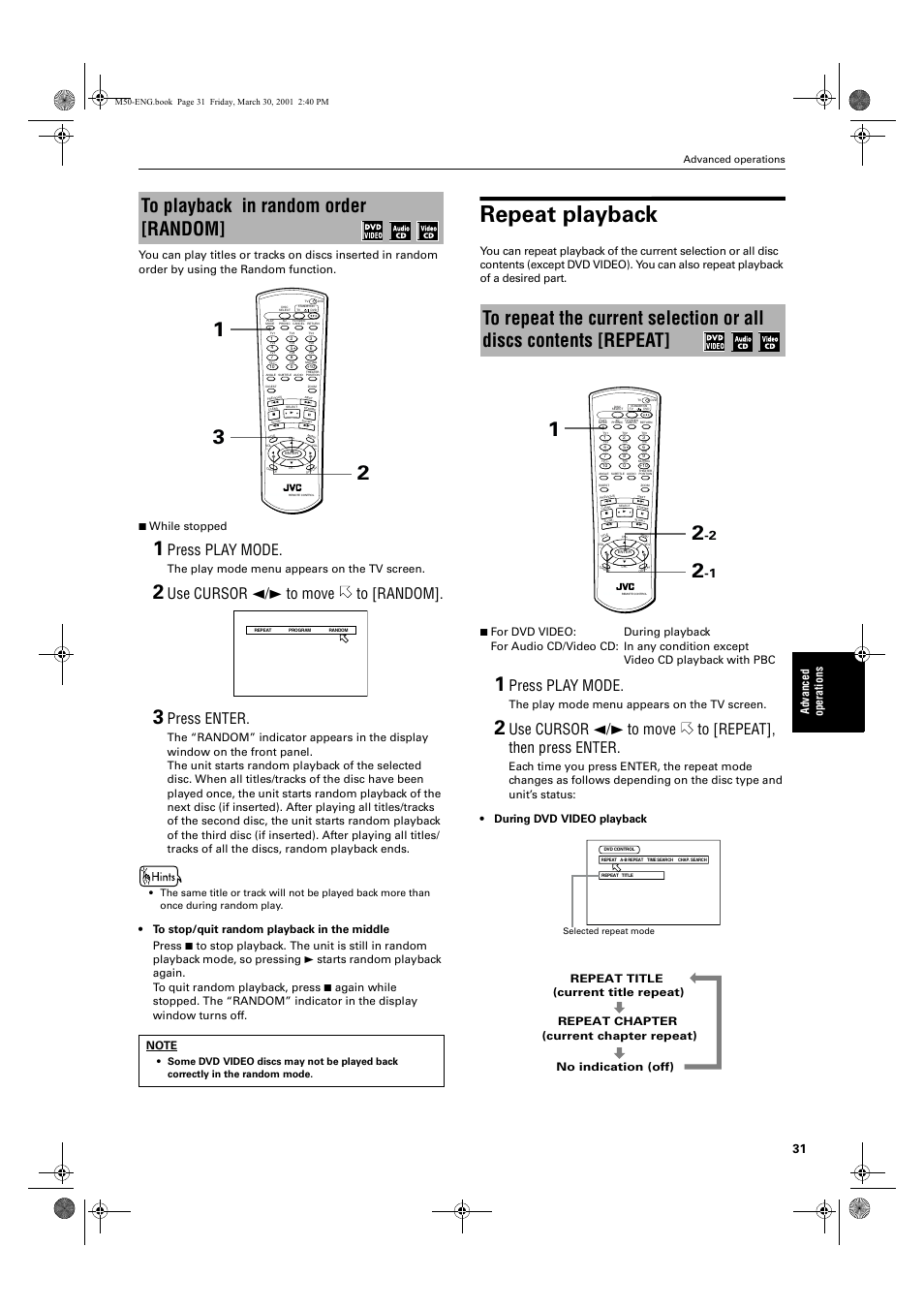 Repeat playback, Press play mode, Use cursor 2/3 to move to [random | Press enter, The play mode menu appears on the tv screen, Advanced operations | JVC XV-M52SL User Manual | Page 33 / 52
