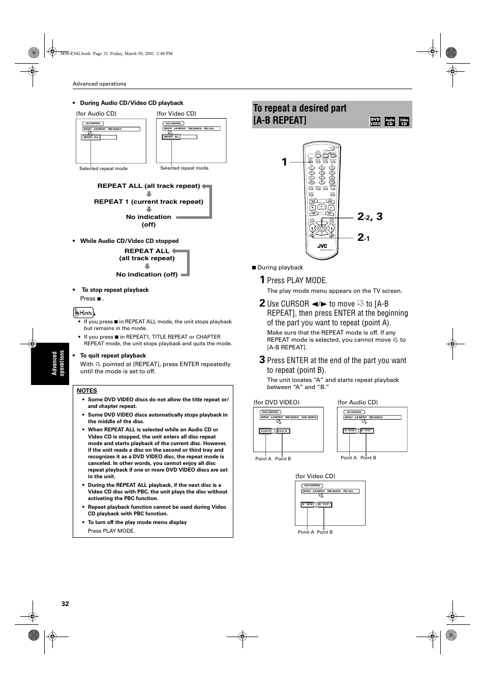 Press play mode, The play mode menu appears on the tv screen, For audio cd) | For dvd video), For video cd) | JVC XV-M52SL User Manual | Page 34 / 52