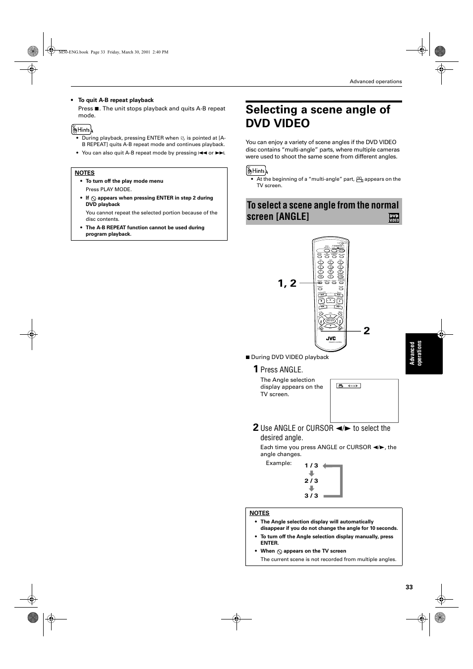 Selecting a scene angle of dvd video, Press angle, The unit stops playback and quits a-b repeat mode | 7 during dvd video playback | JVC XV-M52SL User Manual | Page 35 / 52
