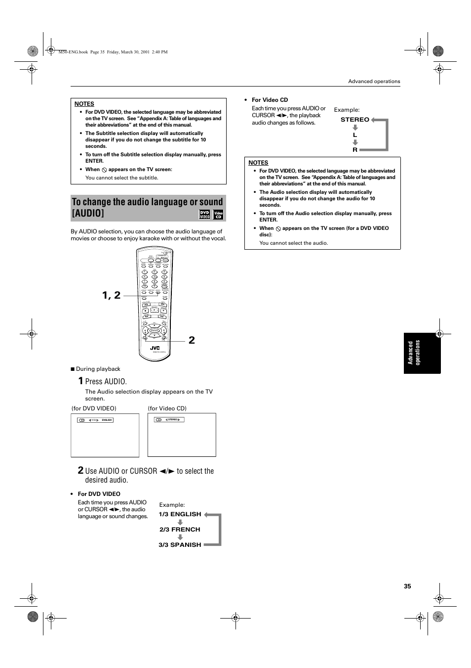 Press audio, For dvd video), Stereo r l example | JVC XV-M52SL User Manual | Page 37 / 52