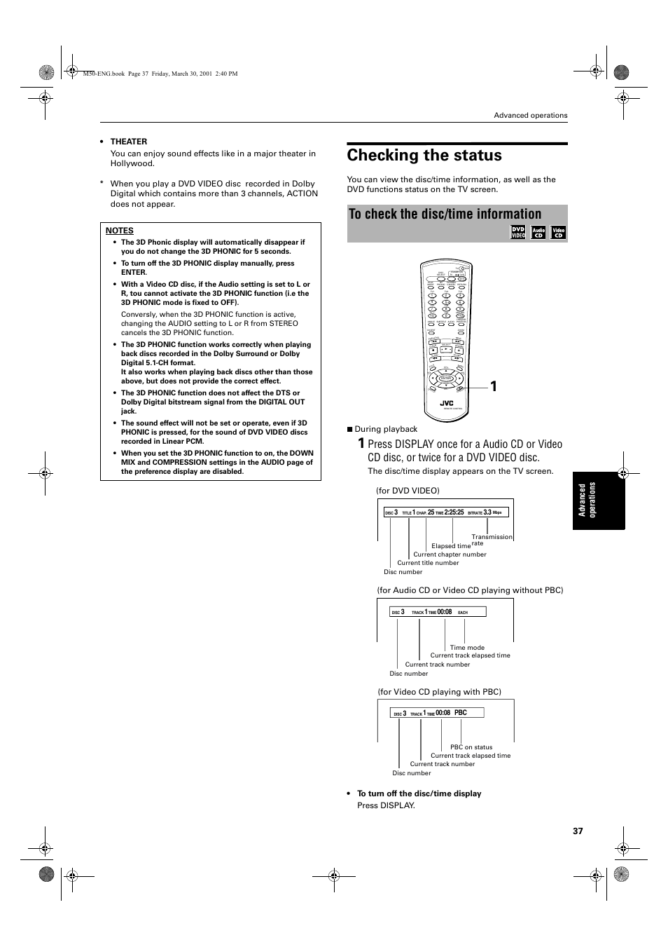 Checking the status, For dvd video), For audio cd or video cd playing without pbc) | For video cd playing with pbc) | JVC XV-M52SL User Manual | Page 39 / 52