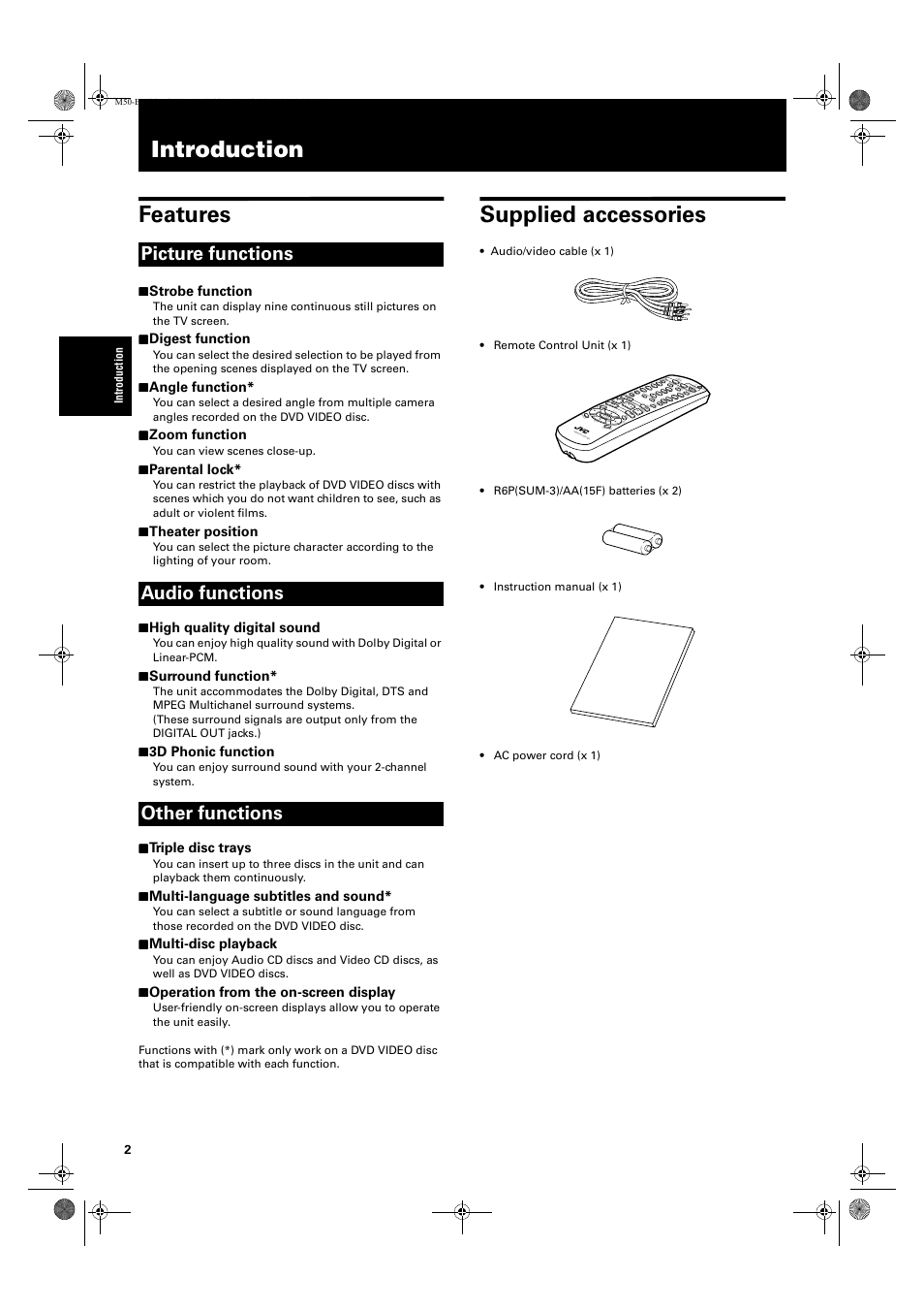 Introduction, Introduction features, Supplied accessories | Picture functions audio functions other functions | JVC XV-M52SL User Manual | Page 4 / 52