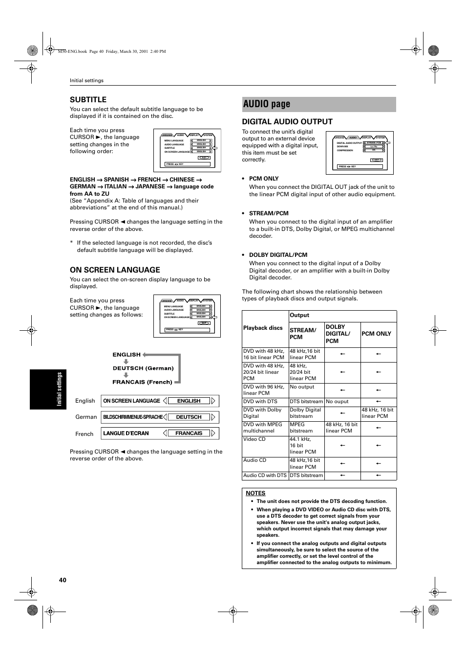 Audio page, Subtitle, On screen language | Digital audio output | JVC XV-M52SL User Manual | Page 42 / 52