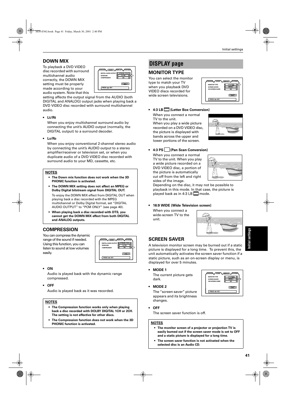 Display page, Down mix, Compression | Monitor type, Screen saver | JVC XV-M52SL User Manual | Page 43 / 52