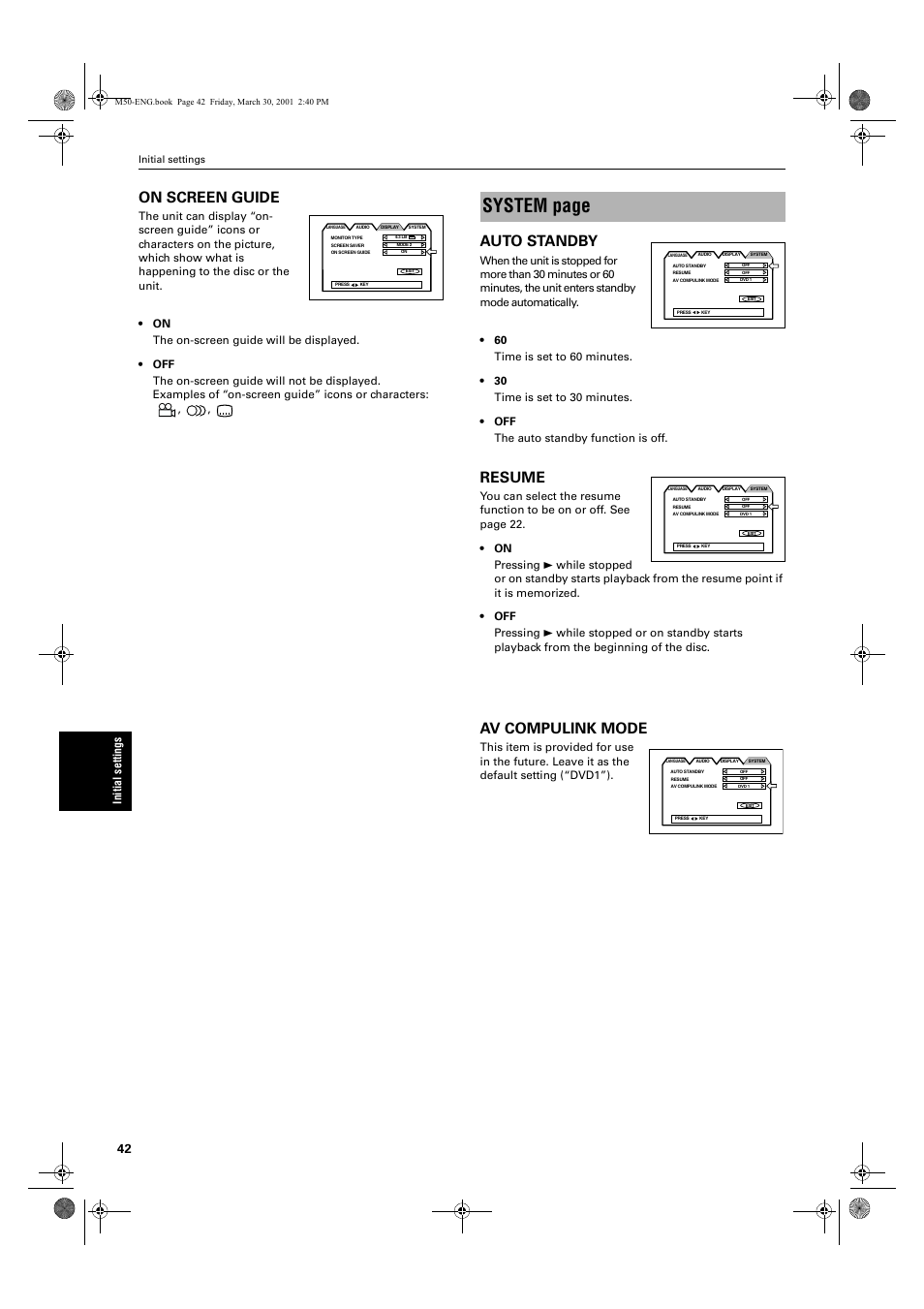 System page, On screen guide, Auto standby | Resume, Av compulink mode | JVC XV-M52SL User Manual | Page 44 / 52