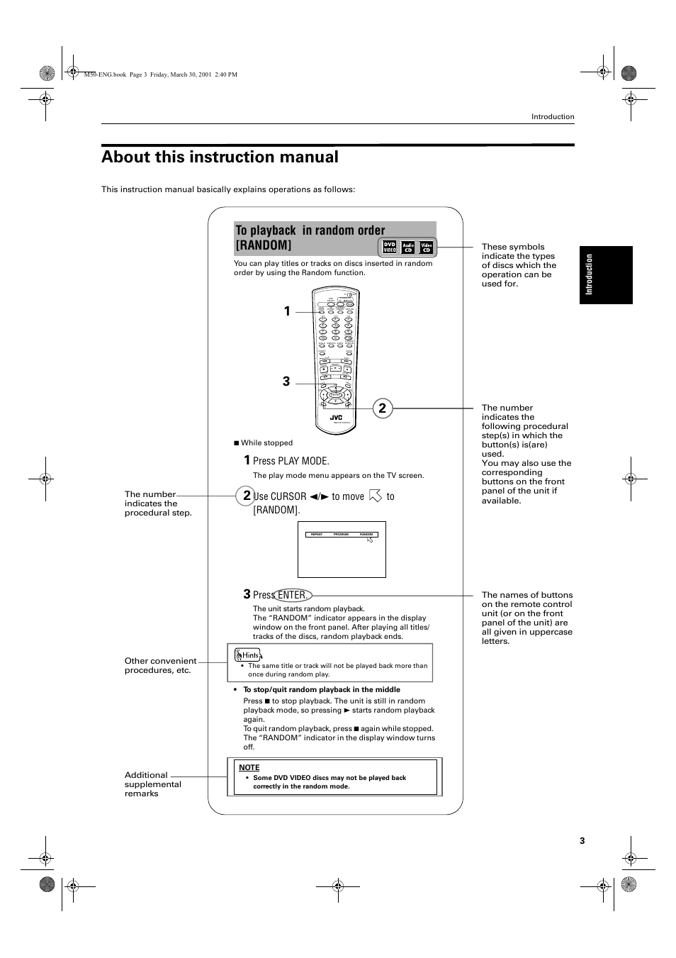 About this instruction manual, Press play mode, Use cursor 2/3 to move to [random | Press enter, Introduction, The play mode menu appears on the tv screen | JVC XV-M52SL User Manual | Page 5 / 52