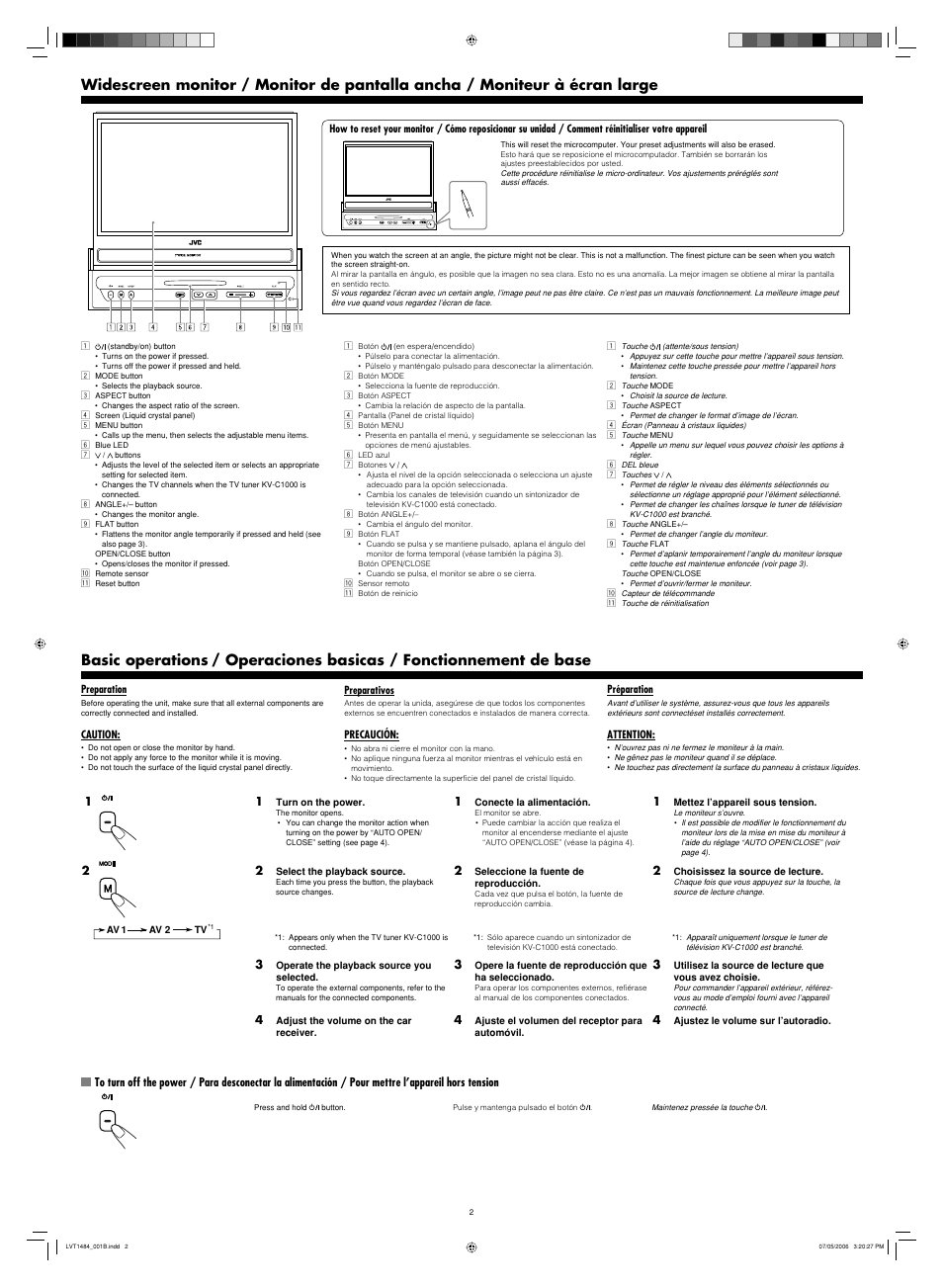 Widescreen monitor, Basic operations, Preparation | Caution, To turn off the power, Operaciones basicas / fonctionnement de base | JVC LVT1484-001B User Manual | Page 2 / 10