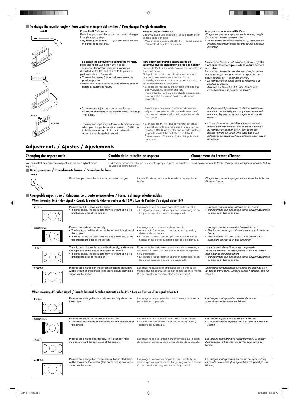 To change the monitor angle, Adjustments, Changing the aspect ratio | Basic procedure, Changeable aspect ratio, Adjustments / ajustes / ajustements, Cambio de la relación de aspecto, Changement du format d’image | JVC LVT1484-001B User Manual | Page 3 / 10